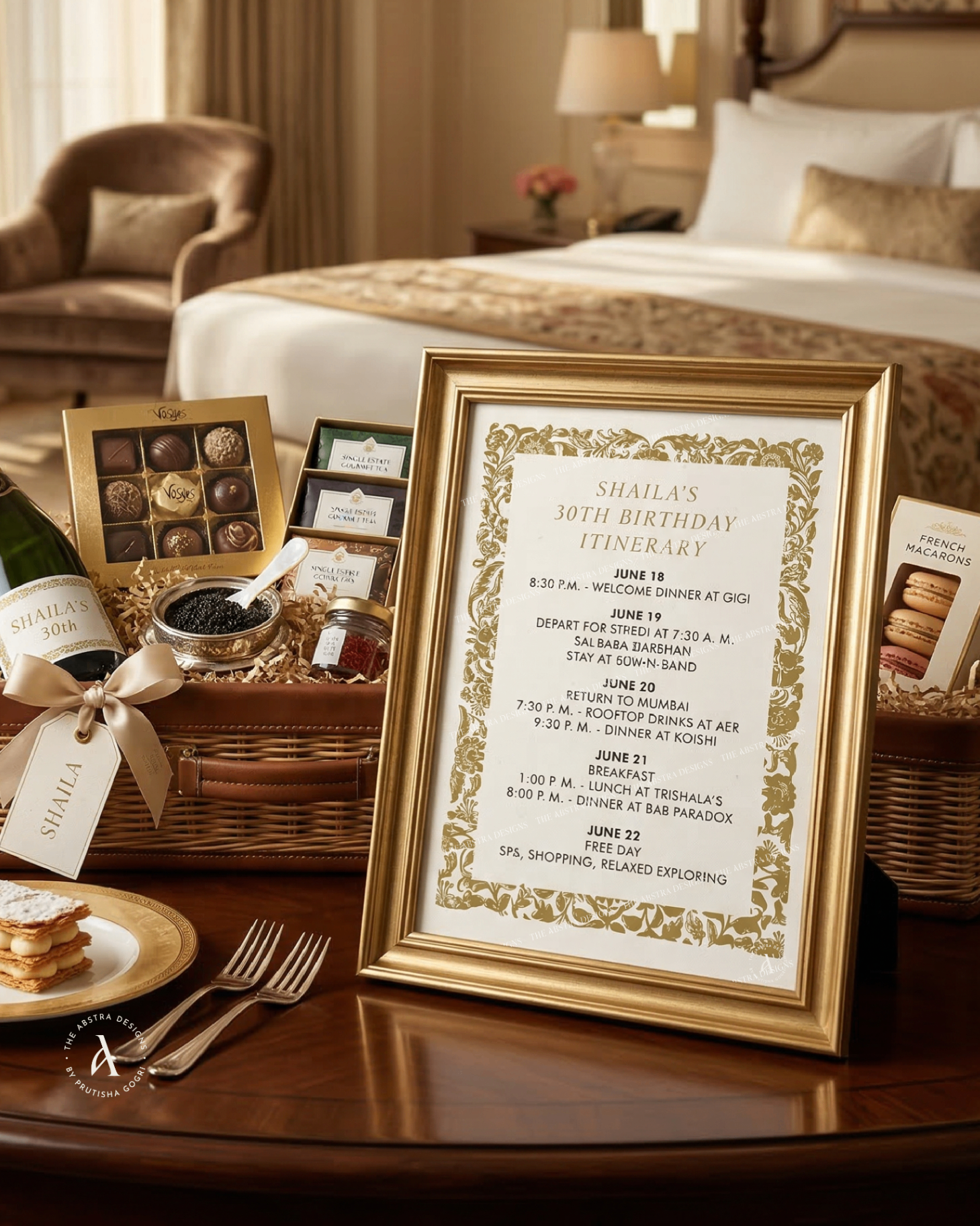 Gold-framed birthday itinerary sign