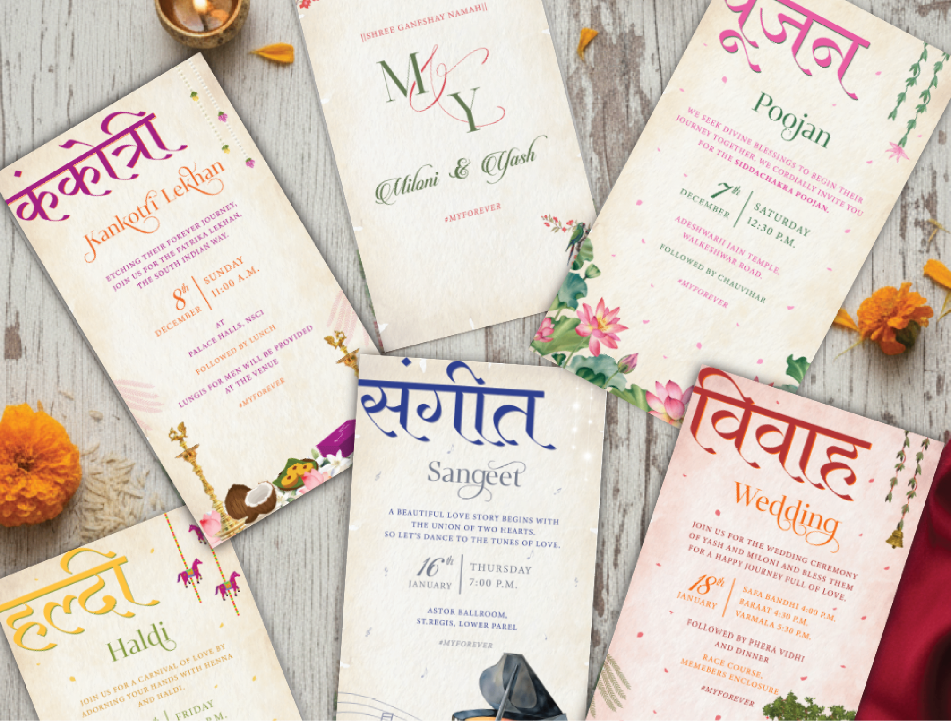 Bespoke Indian wedding invitations by The Abstra Designs — Kankotri, Poojan, Sangeet, Vivah and Haldi cards arranged with marigolds, rice and a brass diya.