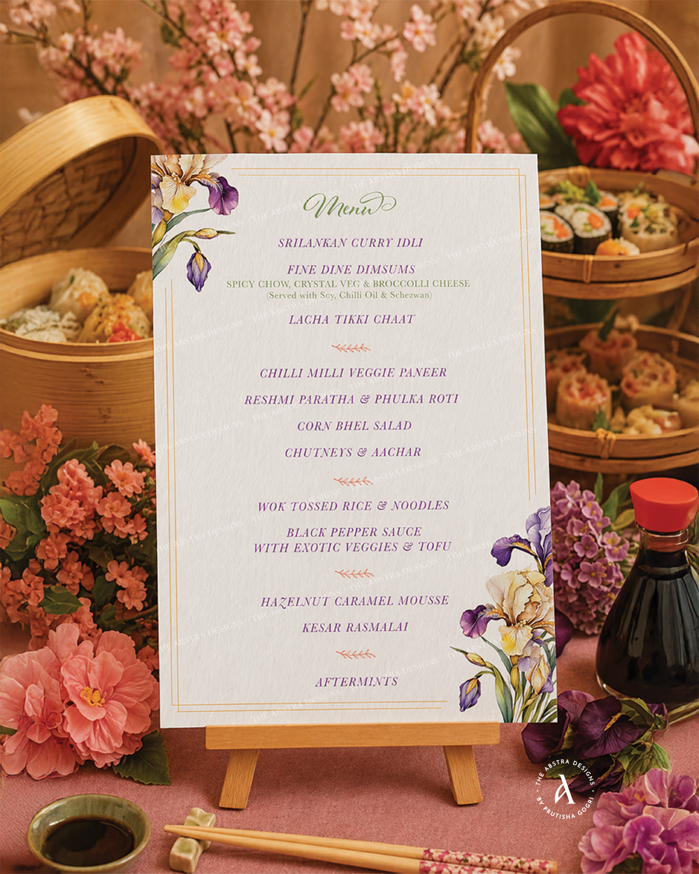 Floral menu board on wooden easel