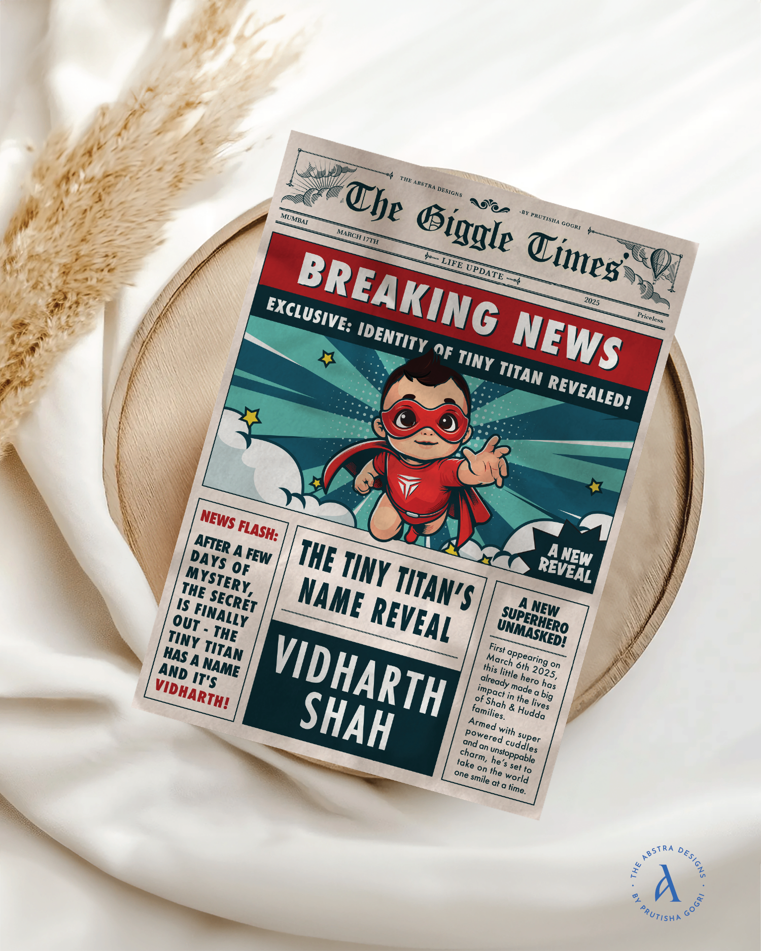 Newspaper-style birth announcement invitation with a playful superhero illustration.
