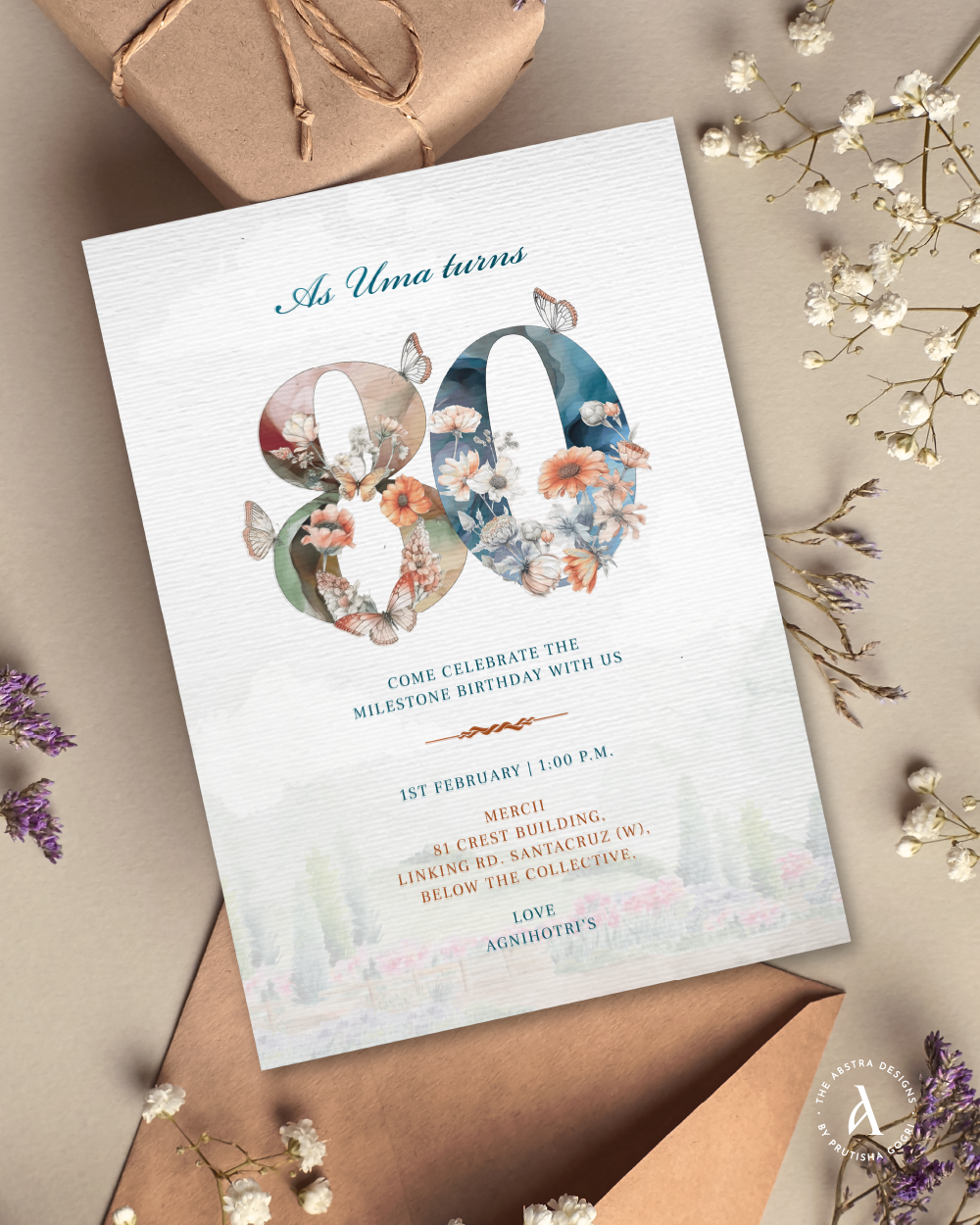 Uma turns 80 floral milestone invite