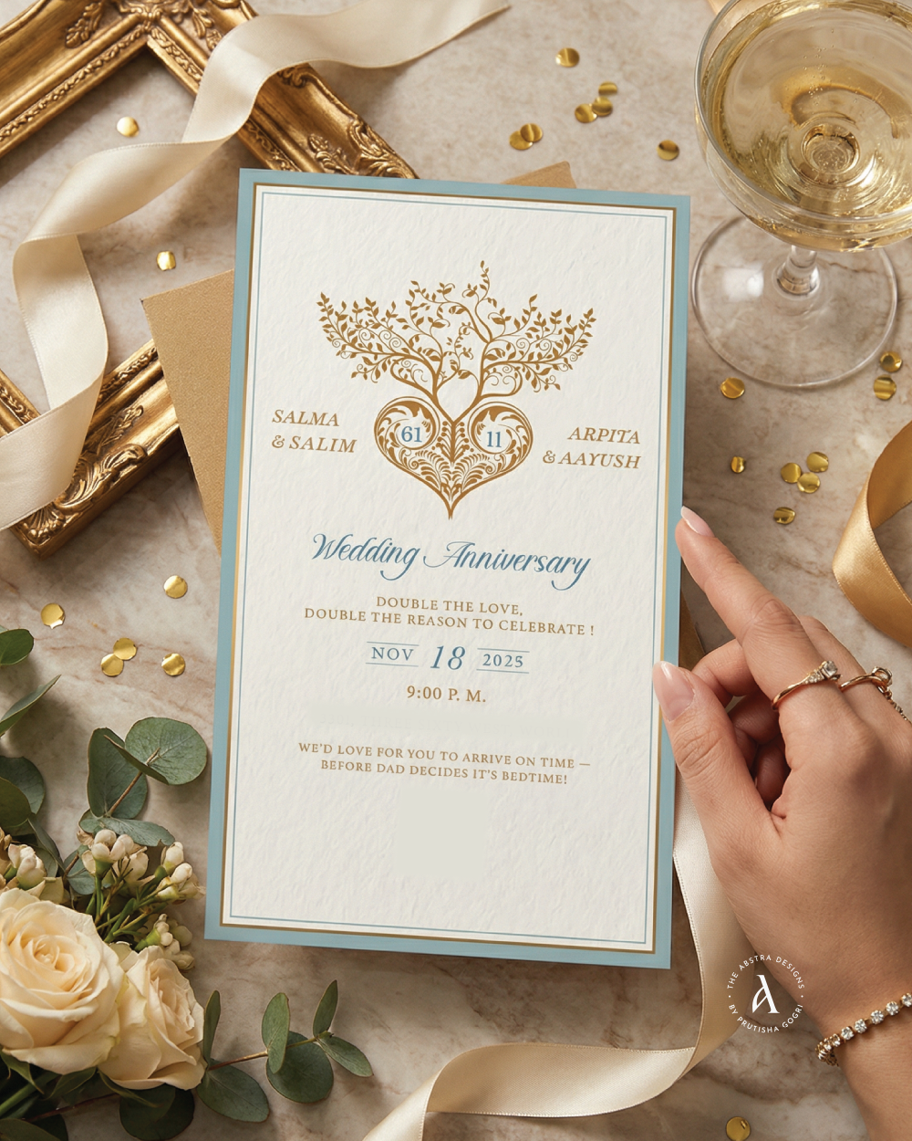 Wedding anniversary invitation with gold tree-of-life motif and dusty blue border.