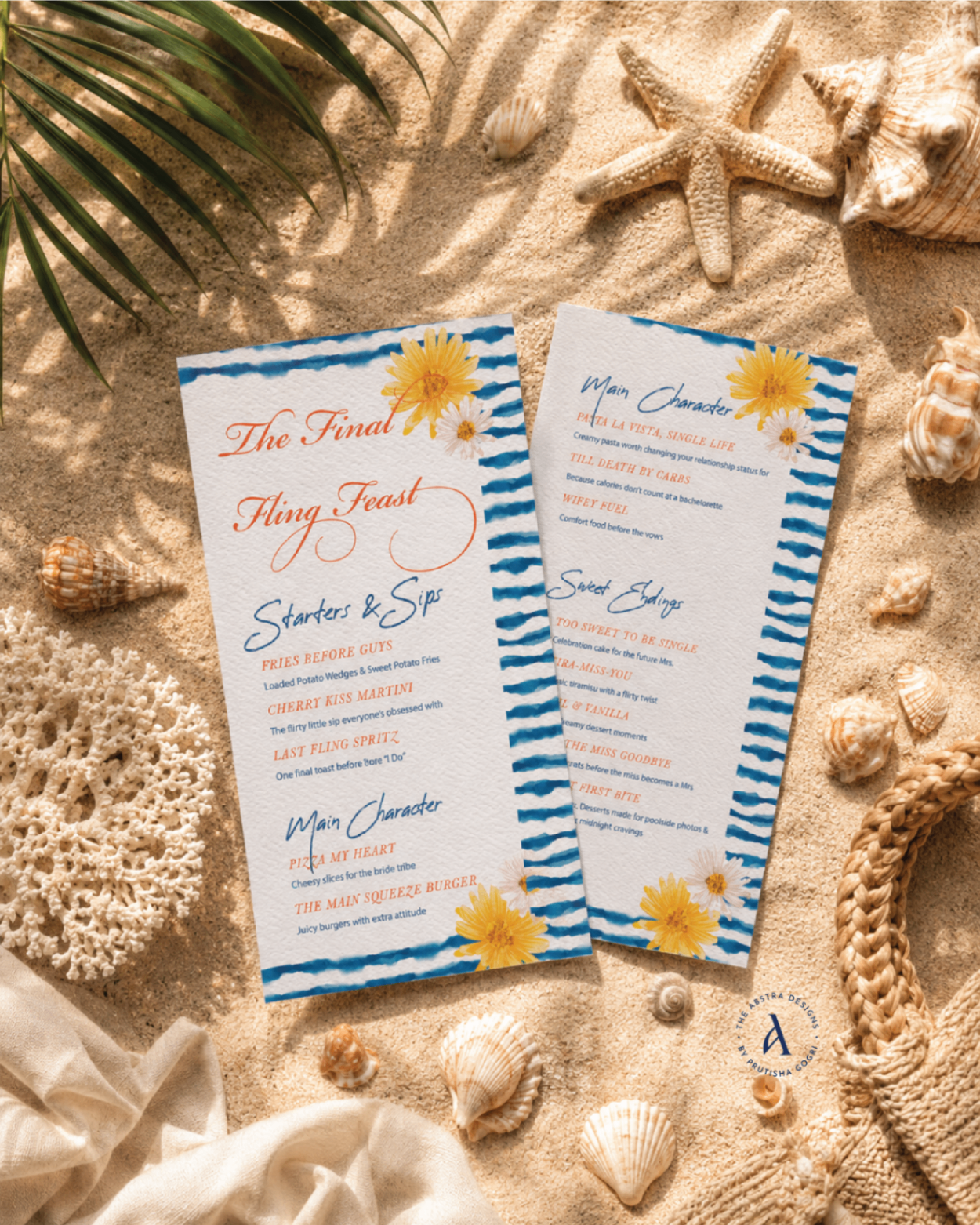 Beach-themed menu cards styled on sand with shells and tropical shadows.